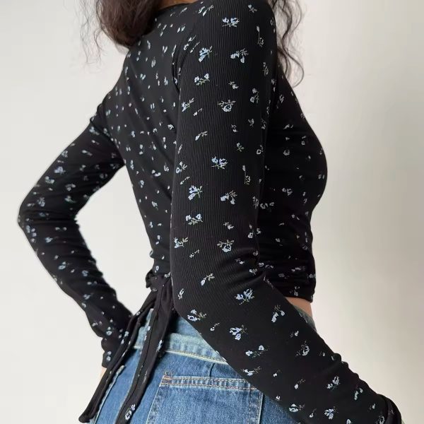 Sexy Floral Tie Cross V-Neck Long Sleeve T-Shirt for Women - European & American Style Slim Fit Short Top, Perfect for Y2K & Casual Wear