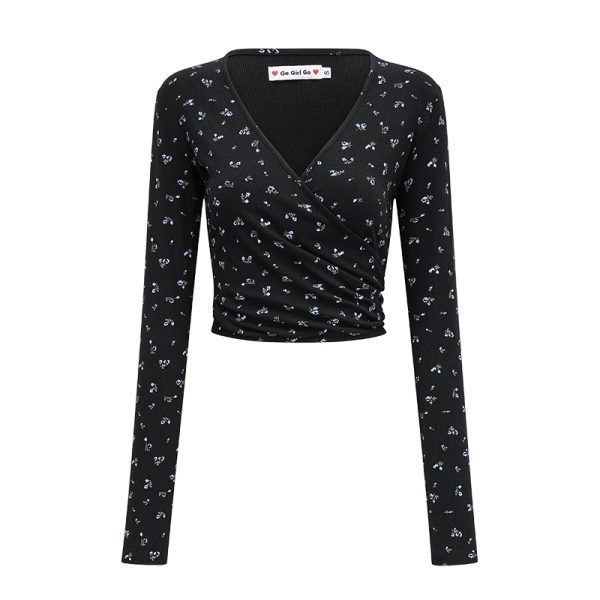 Sexy Floral Tie Cross V-Neck Long Sleeve T-Shirt for Women - European & American Style Slim Fit Short Top, Perfect for Y2K & Casual Wear