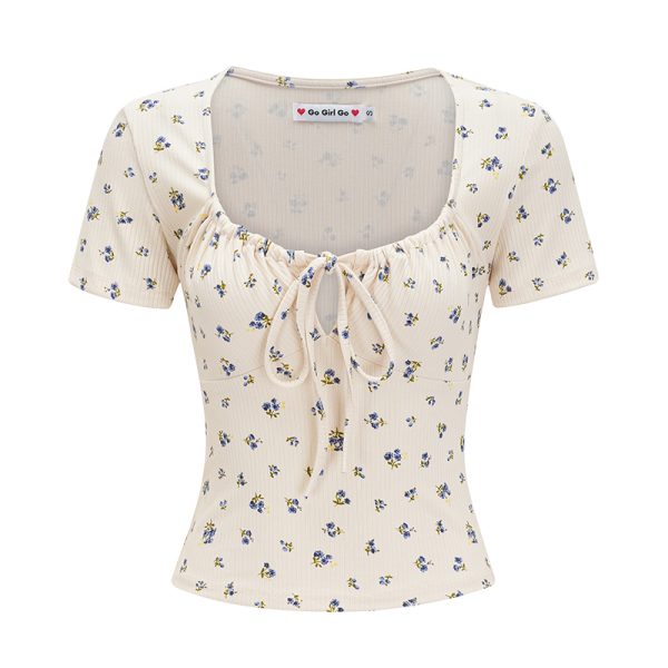 Sexy Floral Tie Short Sleeve Women's Summer T-Shirt - Big U-Neck, High-Waist, European & American Style, Perfect for Y2K Looks