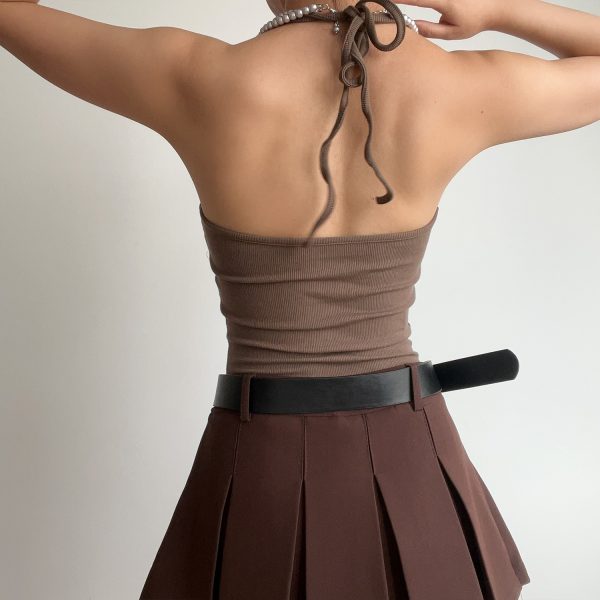 Sexy Halter Neck V-Neck High-Waisted Ribbed Camisole - Slim Fit Solid Color Top for European and American Style
