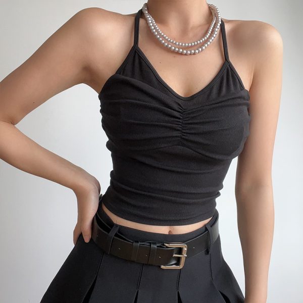Sexy Halter Neck V-Neck High-Waisted Ribbed Camisole - Slim Fit Solid Color Top for European and American Style