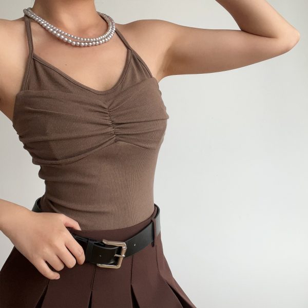 Sexy Halter Neck V-Neck High-Waisted Ribbed Camisole - Slim Fit Solid Color Top for European and American Style