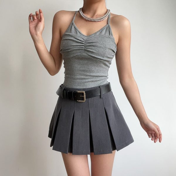 Sexy Halter Neck V-Neck High-Waisted Ribbed Camisole - Slim Fit Solid Color Top for European and American Style