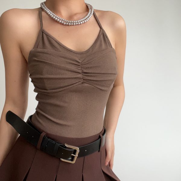 Sexy Halter Neck V-Neck High-Waisted Ribbed Camisole - Slim Fit Solid Color Top for European and American Style