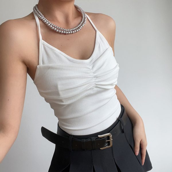Sexy Halter Neck V-Neck High-Waisted Ribbed Camisole - Slim Fit Solid Color Top for European and American Style