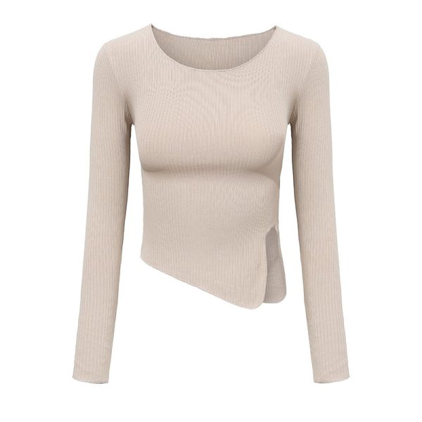 Sexy High-Waisted Irregular Hem Long Sleeve T-Shirt with One-Sided Slit - European & American Style Fashion Top