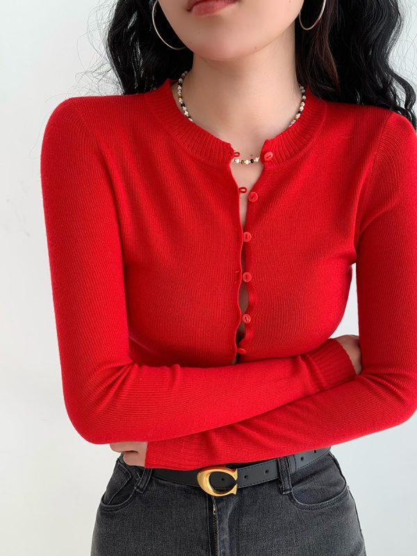 Sexy Hollow Out Slim Fit Knitted Cardigan Sweater for Women - European American Style Round Neck Top, Y2K Fashion Essential