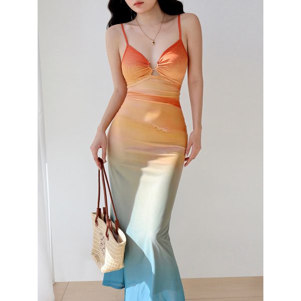 Sexy Hot Girl Mesh Printed Spaghetti Strap Dress - Vintage European American Style, Floor-Length Holiday Maxi Dress