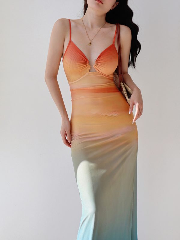 Sexy Hot Girl Mesh Printed Spaghetti Strap Dress - Vintage European American Style, Floor-Length Holiday Maxi Dress