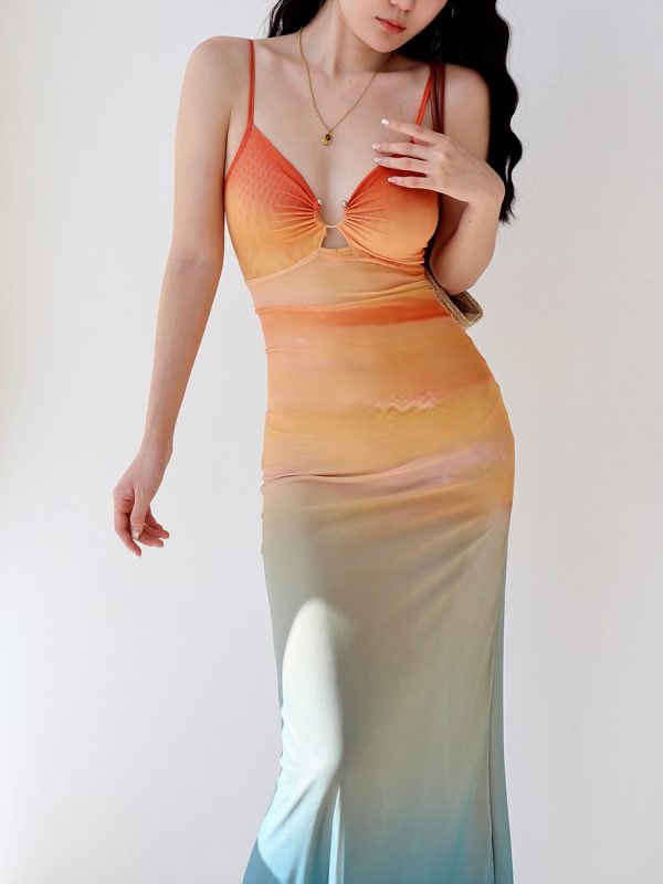 Sexy Hot Girl Mesh Printed Spaghetti Strap Dress - Vintage European American Style, Floor-Length Holiday Maxi Dress