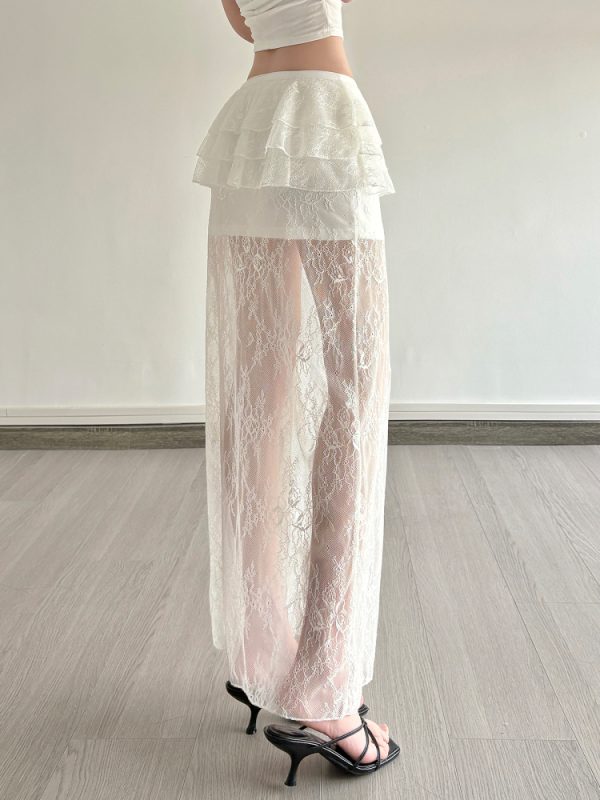 Sexy Lace Spliced Tulle Ruffle Ribbon Half Skirt - Niche Design Long Skirt for 90s and Y2K Fashion Lovers