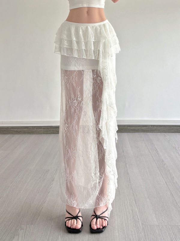Sexy Lace Spliced Tulle Ruffle Ribbon Half Skirt - Niche Design Long Skirt for 90s and Y2K Fashion Lovers