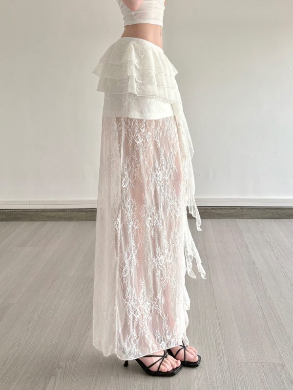 Sexy Lace Spliced Tulle Ruffle Ribbon Half Skirt - Niche Design Long Skirt for 90s and Y2K Fashion Lovers