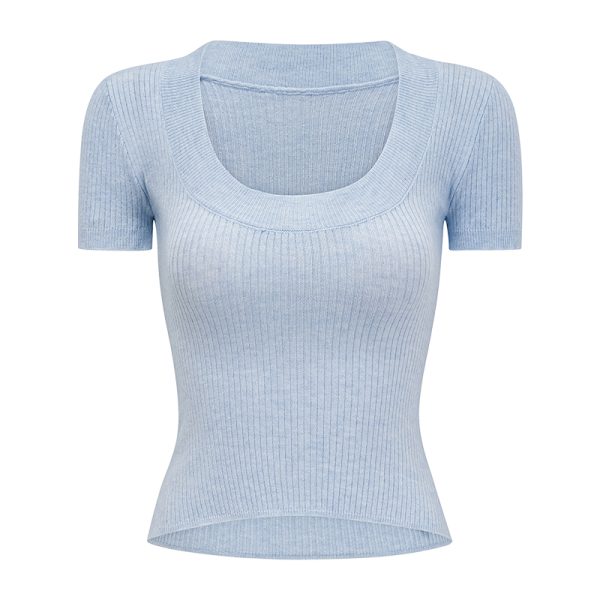 Sexy Low-Neck Short Sleeve Knitted Crop Top for Women - Slim Fit European American Style T-Shirt, Flattering Fashion Essential