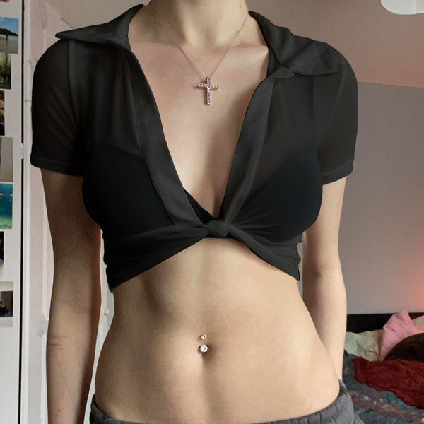 Sexy Mesh Sheer Knotted Tie Deep V Short Top for Women - Hot Girl Style, Trendy Fashion, Subtle Tricks, Perfect for Night Out