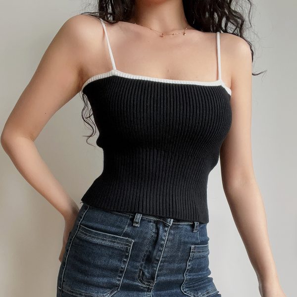 Sexy Minimalist Color-Blocking High-Waisted Knitted Camisole for Women - European American Style Slim-Fit Top