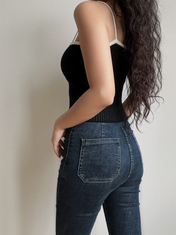 Sexy Minimalist Color-Blocking High-Waisted Knitted Camisole for Women - European American Style Slim-Fit Top