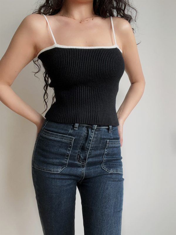 Sexy Minimalist Color-Blocking High-Waisted Knitted Camisole for Women - European American Style Slim-Fit Top