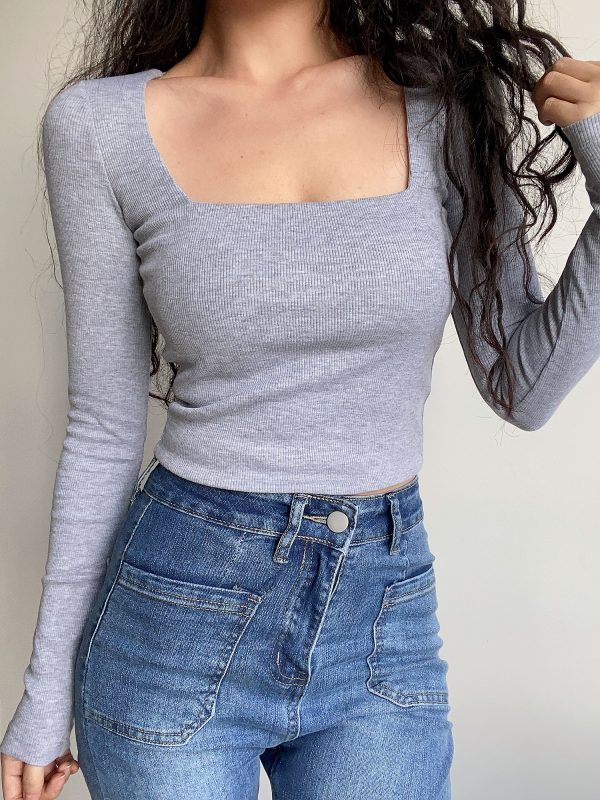 Sexy Minimalist Square Neck Long Sleeve T-Shirt Top - High-Waisted Slim Fit Solid Color - European American Style