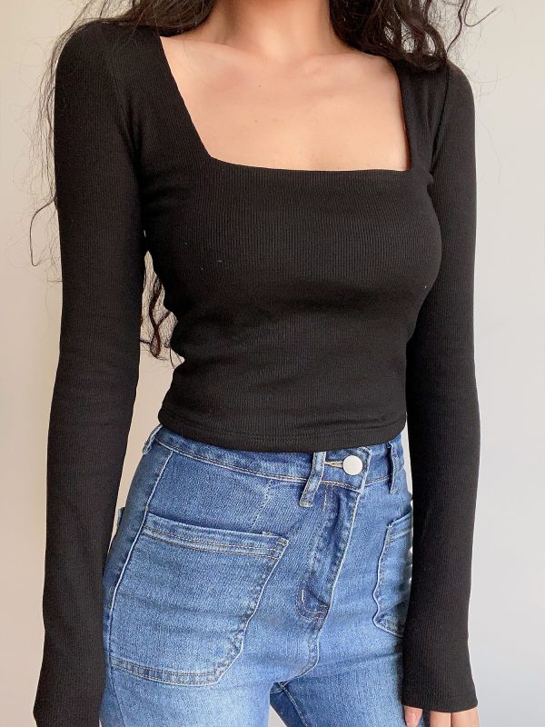 Sexy Minimalist Square Neck Long Sleeve T-Shirt Top - High-Waisted Slim Fit Solid Color - European American Style