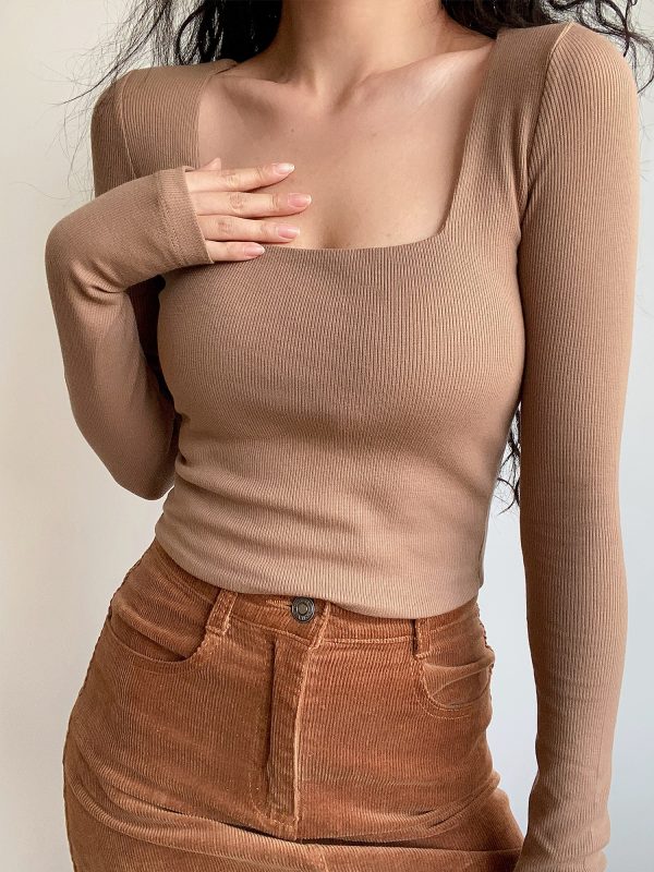 Sexy Minimalist Square Neck Long Sleeve T-Shirt Top - High-Waisted Slim Fit Solid Color - European American Style