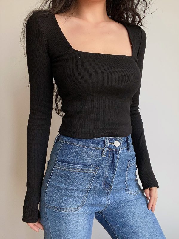 Sexy Minimalist Square Neck Long Sleeve T-Shirt Top - High-Waisted Slim Fit Solid Color - European American Style