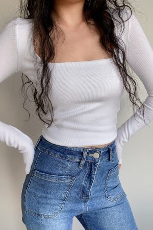 Sexy Minimalist Square Neck Long Sleeve T-Shirt Top - High-Waisted Slim Fit Solid Color - European American Style