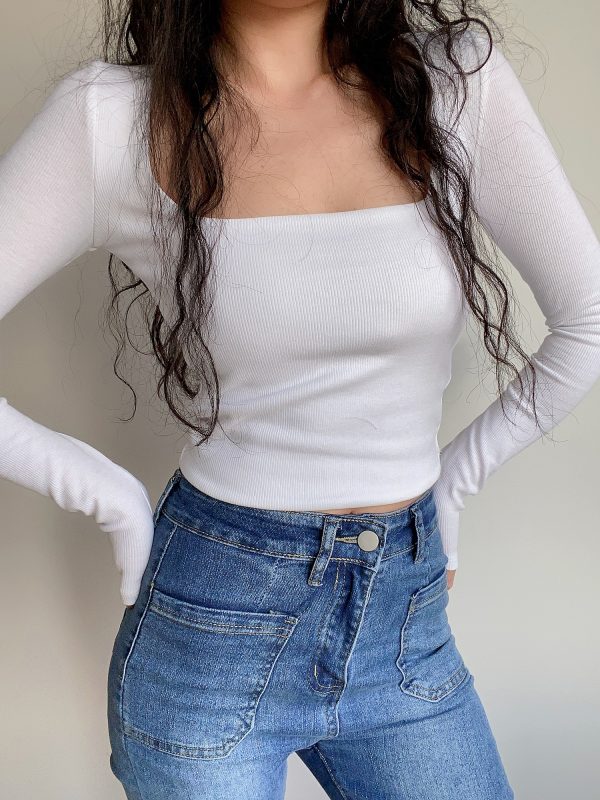 Sexy Minimalist Square Neck Long Sleeve T-Shirt Top - High-Waisted Slim Fit Solid Color - European American Style