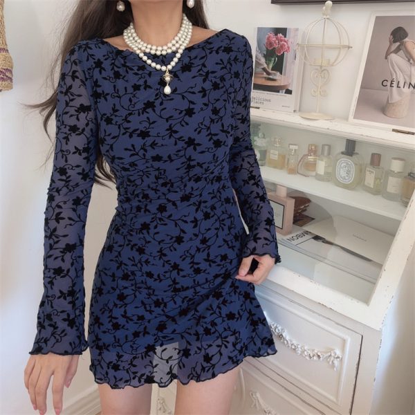 Sexy One-Shoulder Bell Sleeve Mesh Long Sleeve Dress - Handmade Early Autumn Style, Australian Niche Fashion