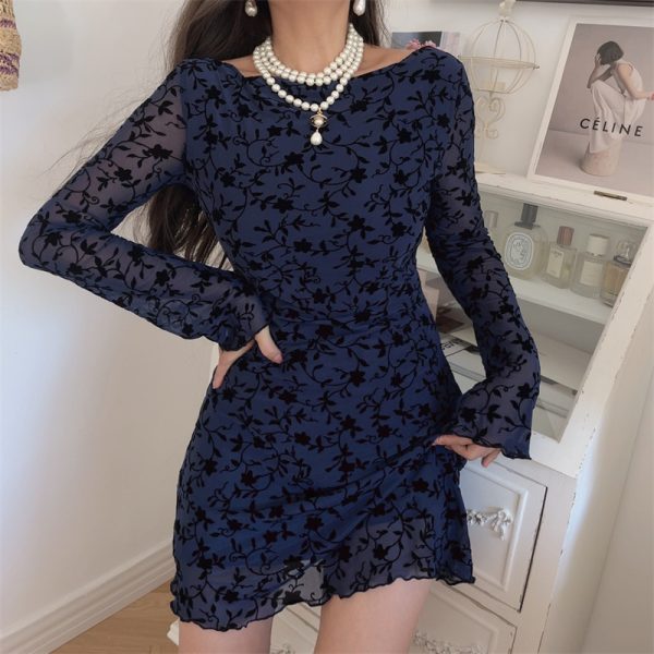 Sexy One-Shoulder Bell Sleeve Mesh Long Sleeve Dress - Handmade Early Autumn Style, Australian Niche Fashion
