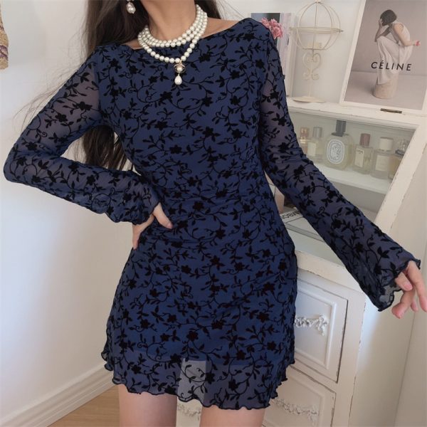 Sexy One-Shoulder Bell Sleeve Mesh Long Sleeve Dress - Handmade Early Autumn Style, Australian Niche Fashion