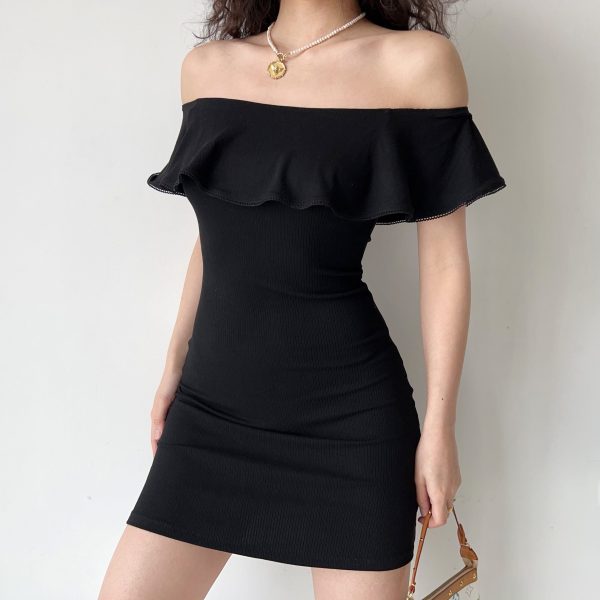 Sexy One-Shoulder Ruffled Black Bodycon Dress for Women - European American Style Short Skirt, Trendy Y2K Fashion