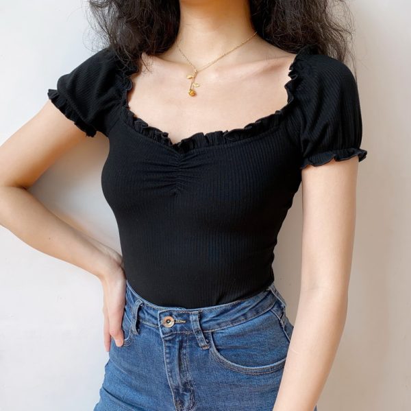 Sexy One-Shoulder Ruffled Puff Sleeve T-Shirt for Women - European & American Style Short Top, Trendy 90s Inspired Fashion