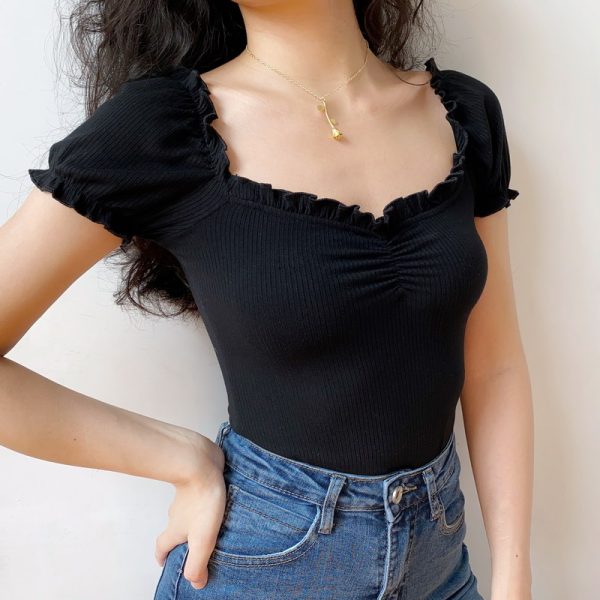 Sexy One-Shoulder Ruffled Puff Sleeve T-Shirt for Women - European & American Style Short Top, Trendy 90s Inspired Fashion