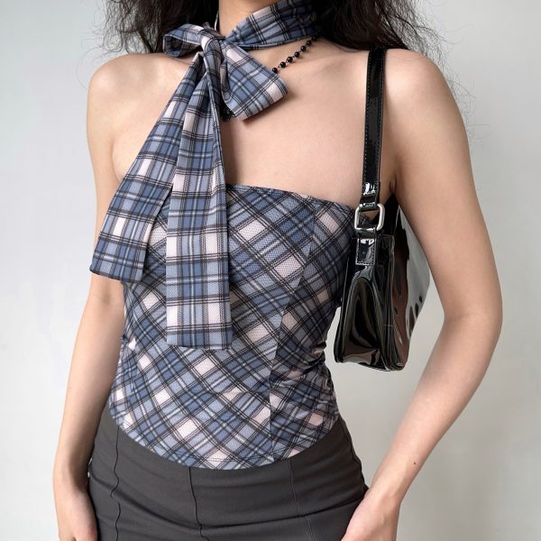 Sexy Plaid Strapless Top with Scarf - Women's Sleeveless Slim Fit - European & American Style - Summer Fashion 90s Inspired