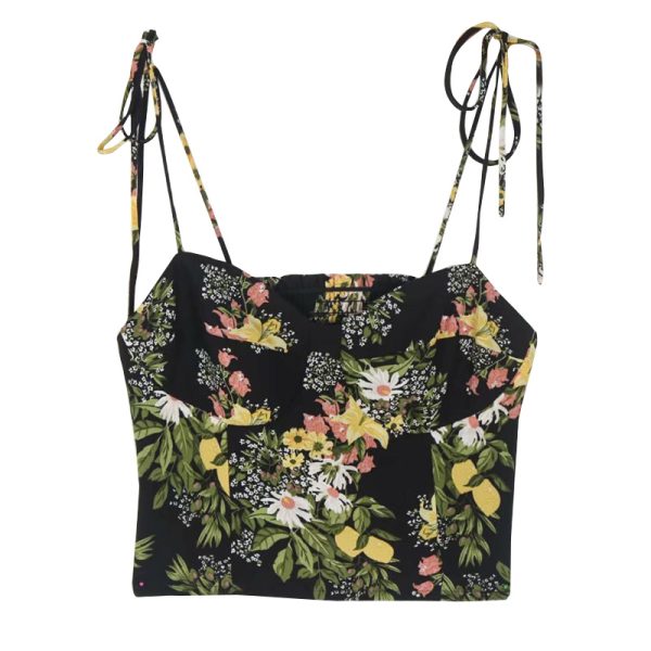 Sexy Retro Floral Print Lace-Up High-Waisted Pleated Camisole Tank Top for Women - European American Style