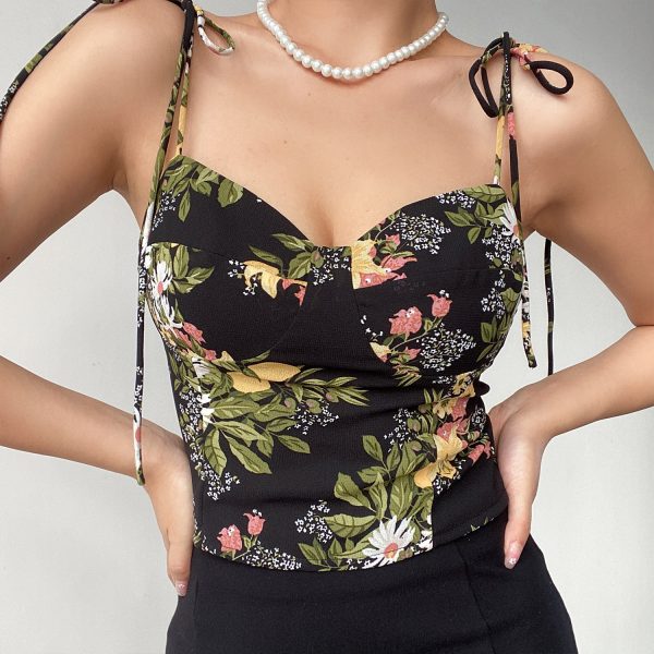 Sexy Retro Floral Print Lace-Up High-Waisted Pleated Camisole Tank Top for Women - European American Style