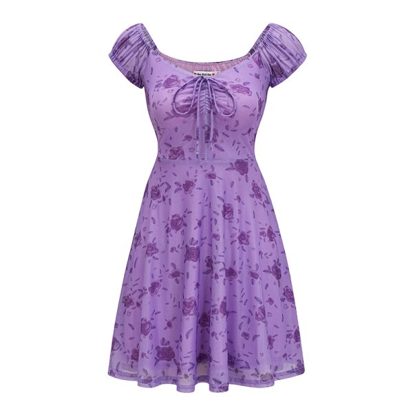 Sexy Retro Purple Rose Deep V-Neck Dress - Women's Slim A-Line Short Skirt - European American Style - Y2K Fashion