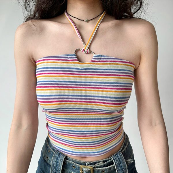 Sexy Slim-Fit Halter Tank Top for Women - Striped Strapless Summer Style, European and American Inspired, Hot Girl Vibe