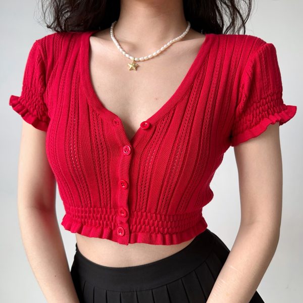 Sexy Slim-Fit V-Neck Hollow-Out Puff Sleeve Ruffled Cropped Knitted Cardigan - European American Style Women's Top