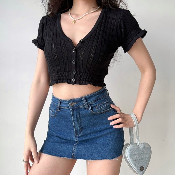 Sexy Slim-Fit V-Neck Hollow-Out Puff Sleeve Ruffled Cropped Knitted Cardigan - European American Style Women's Top