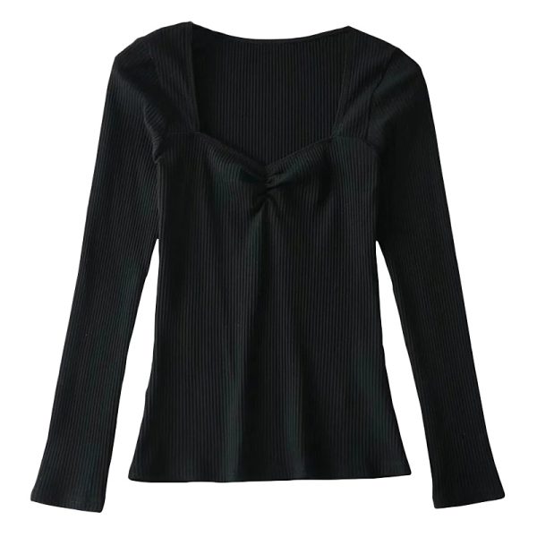 Sexy Square Neck Pleated Ribbed Stretch Long Sleeve T-Shirt Top - Early Spring European & American Style