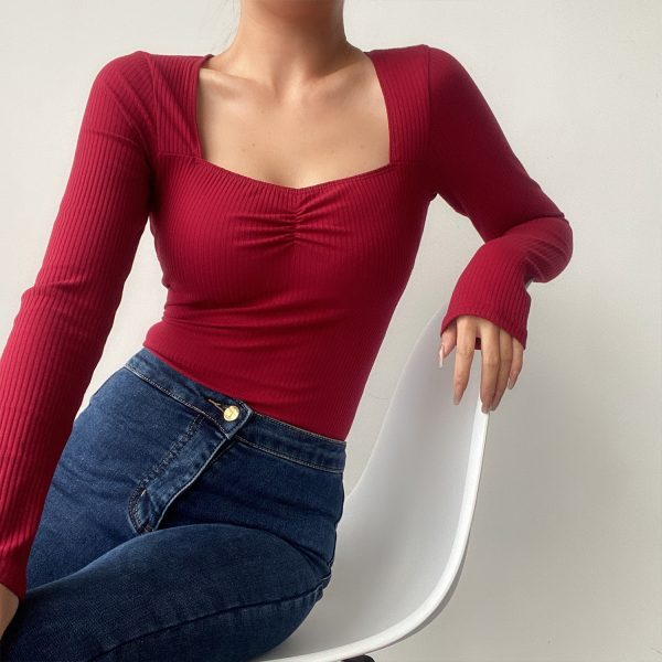 Sexy Square Neck Pleated Ribbed Stretch Long Sleeve T-Shirt Top - Early Spring European & American Style