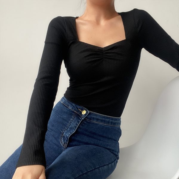 Sexy Square Neck Pleated Ribbed Stretch Long Sleeve T-Shirt Top - Early Spring European & American Style
