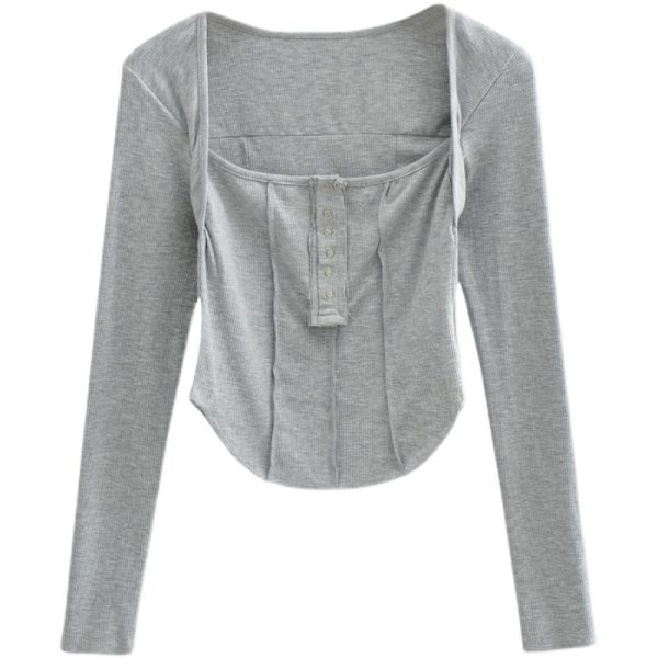 Sexy Square Neck Spliced Button Long Sleeve T-Shirt - Low-Cut Clavicle Top for Hot Girls - European American Style Fashion