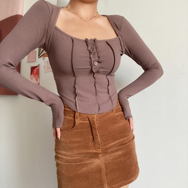 Sexy Square Neck Spliced Button Long Sleeve T-Shirt - Low-Cut Clavicle Top for Hot Girls - European American Style Fashion