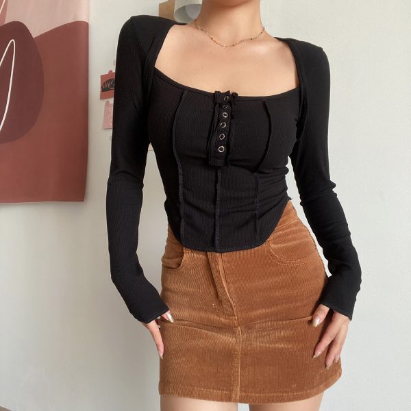 Sexy Square Neck Spliced Button Long Sleeve T-Shirt - Low-Cut Clavicle Top for Hot Girls - European American Style Fashion