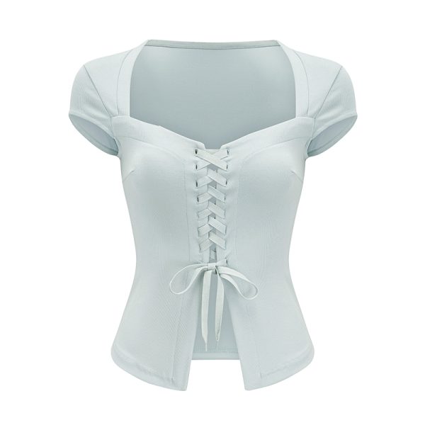Sexy Strap Split Square Neck Short Sleeve T-Shirt for Women - European American Style, Slim Fit Summer Top for Spicy Girls