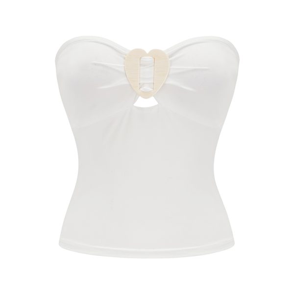 Sexy Strapless Fitted White Heart Button Top - Self-Made European American Style Sleeveless Outerwear for Hot Girls