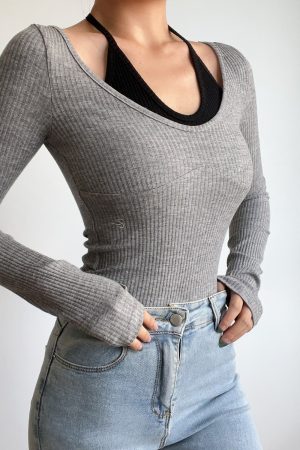 Sexy V-Neck Halter Tie Color-Blocking Ribbed High-Waisted Long Sleeve T-Shirt Top - European American Style